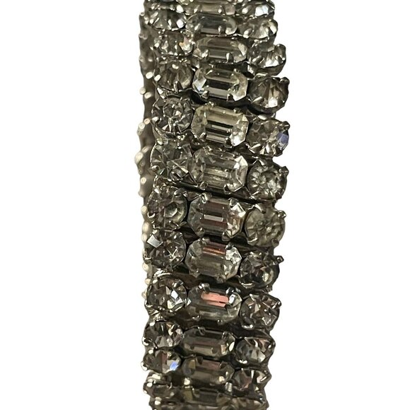 Icy Clear Rhinestone 3 Row Stretch Bangle Bracelet Silver Tone VTG Wedding Prom - Picture 4 of 12